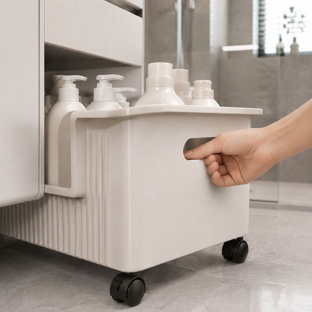 Compact movable cabinet for laundry room and bathroom