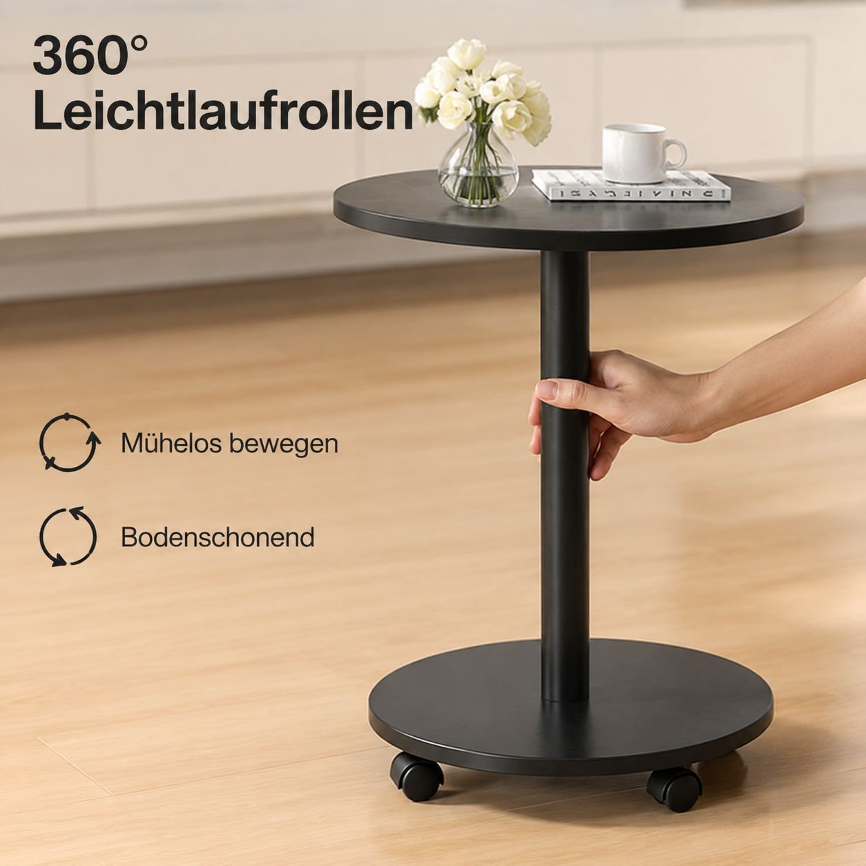 Einfacher kleiner runder Tisch für den Heimgebrauch, als Beistelltisch neben dem Sofa oder als Nacht