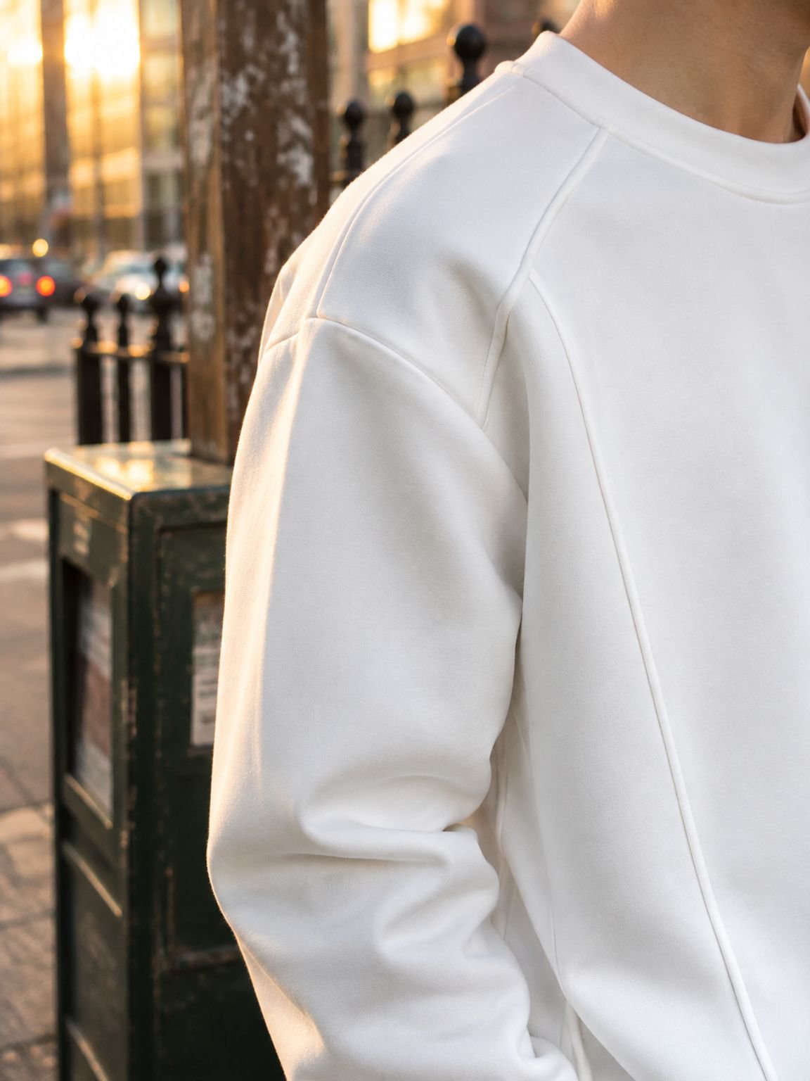 Close-up of deconstructed details on men's base layer shirt
