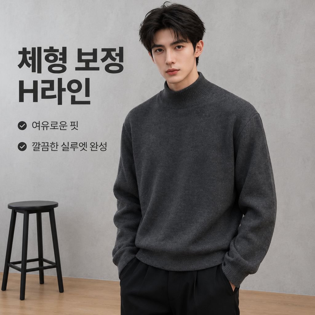 남성 가을 겨울 반목 하프넥 슬림핏 도톰 니트 이너 티셔츠