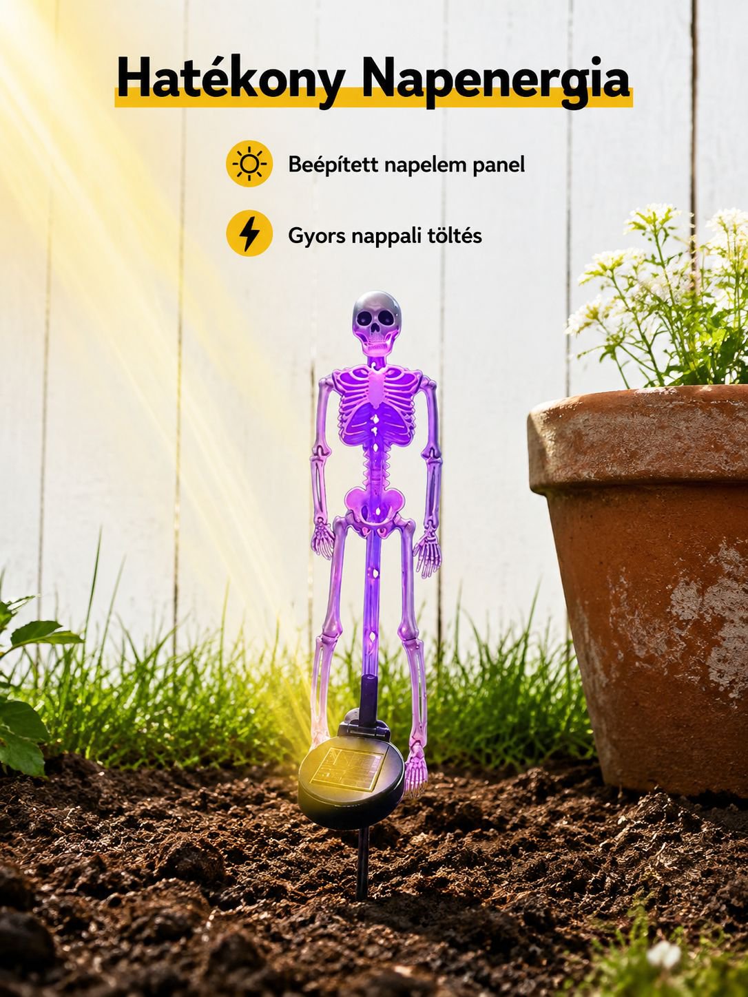 Koponya dizájnú solar lámpa kültéri használatra