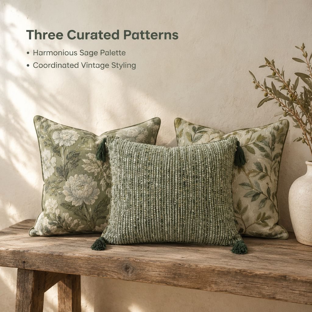 Green French Vintage Wabi-Sabi Style Throw Pillow