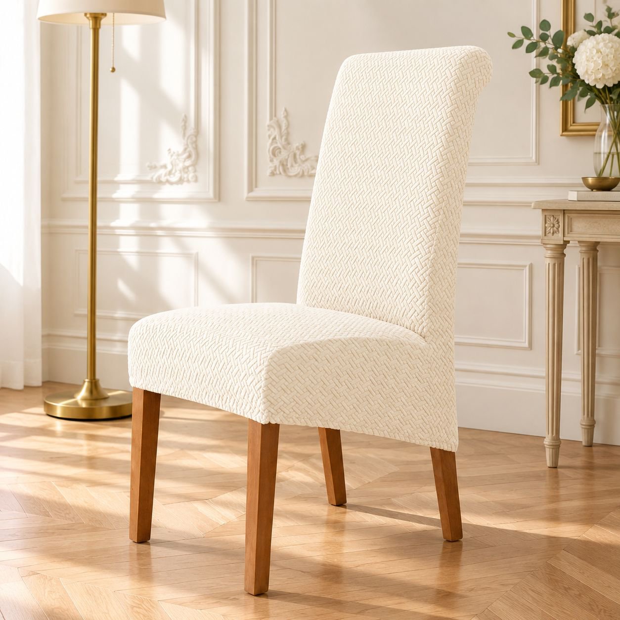Chaise de salle à manger en tissu jacquard extensible, dossier haut, pour hôtel