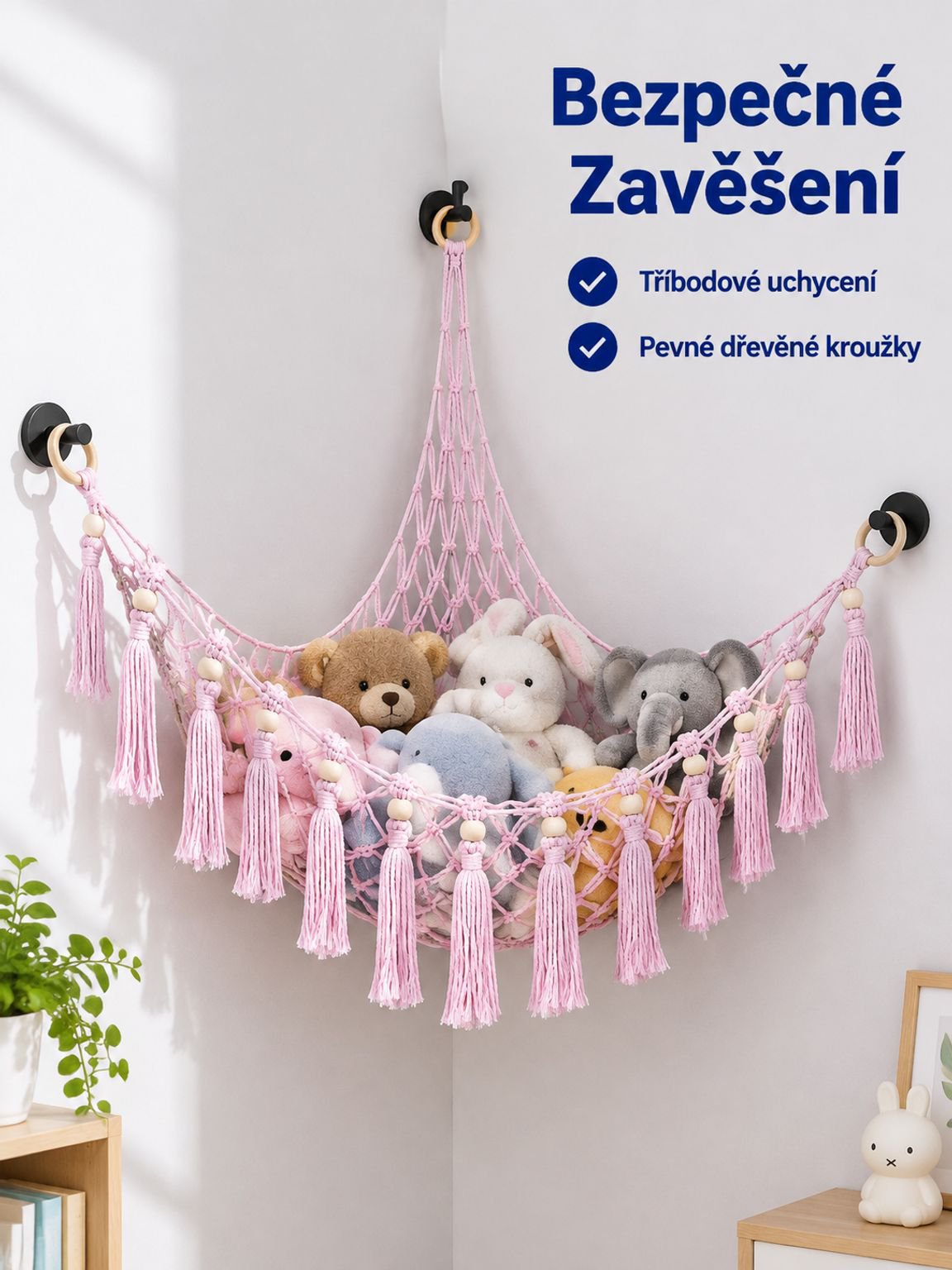 Pletená síťová houpací síť na plyšové hračky