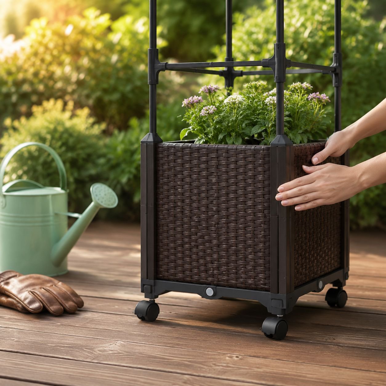 Caja para verduras y flores con soporte de enrejado
