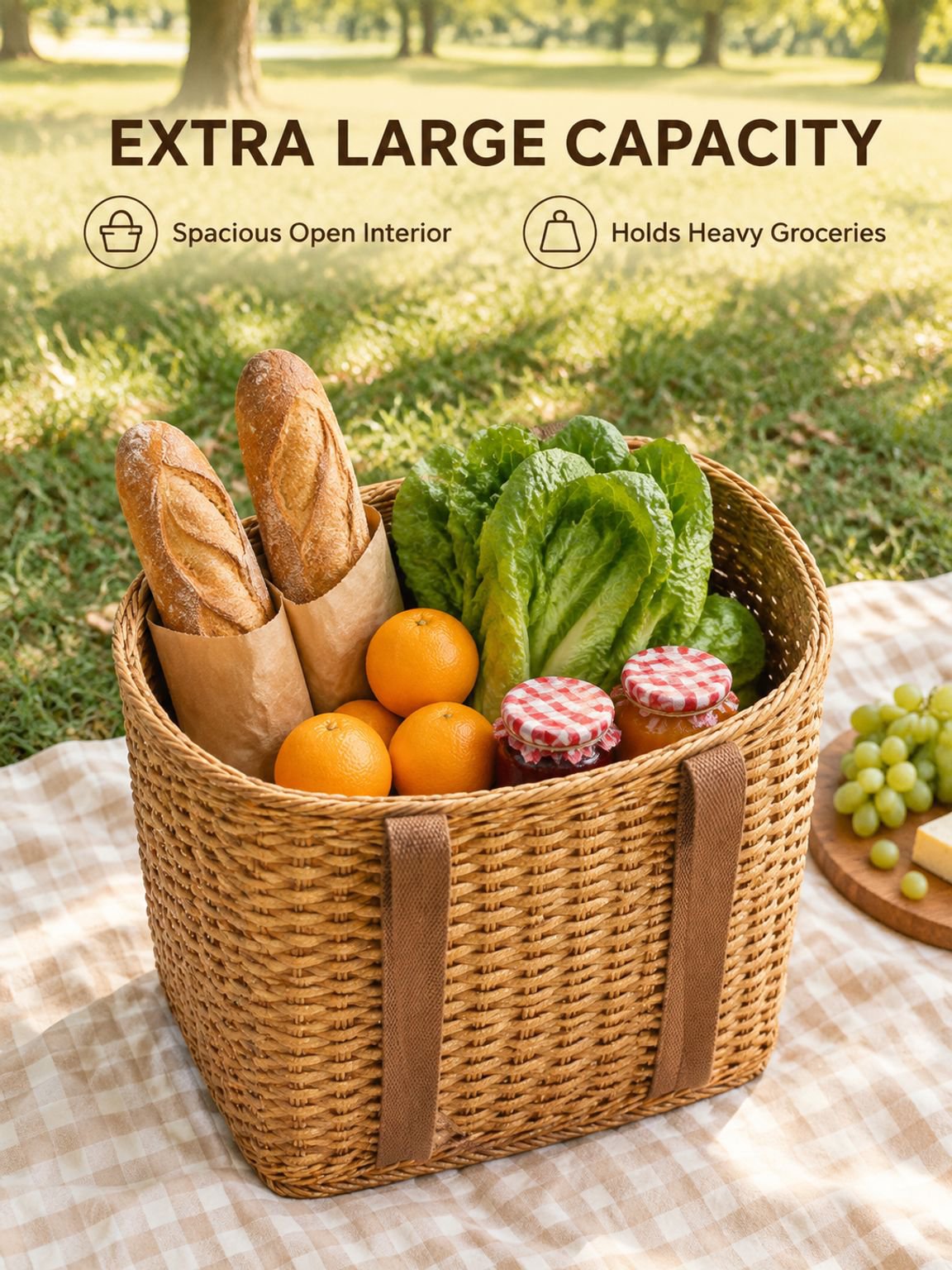 Vintage Rattan-Style Picnic Basket, Outdoor Shopping Basket, Camping Fruit Basket Bag