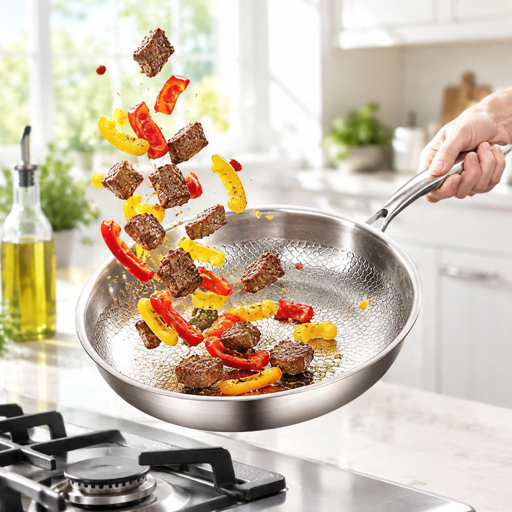 Healthy cooking with uncoated frying pan