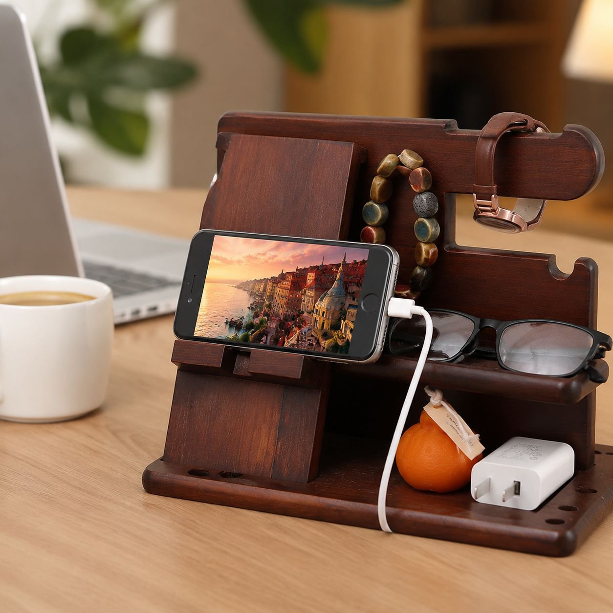 Office Desktop Solid Wood Phone Stand Key & Watch Storage Organizer