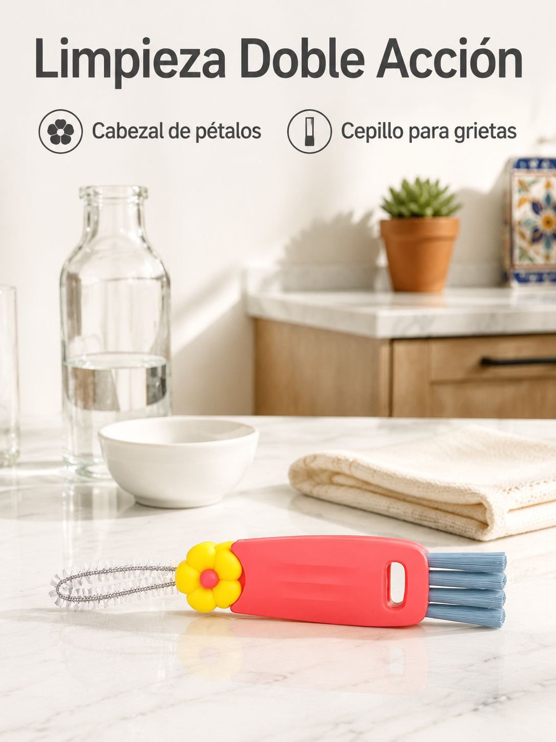 Cepillo limpiador multifuncional en forma de pétalo para tapas de vasos, ranuras y biberones