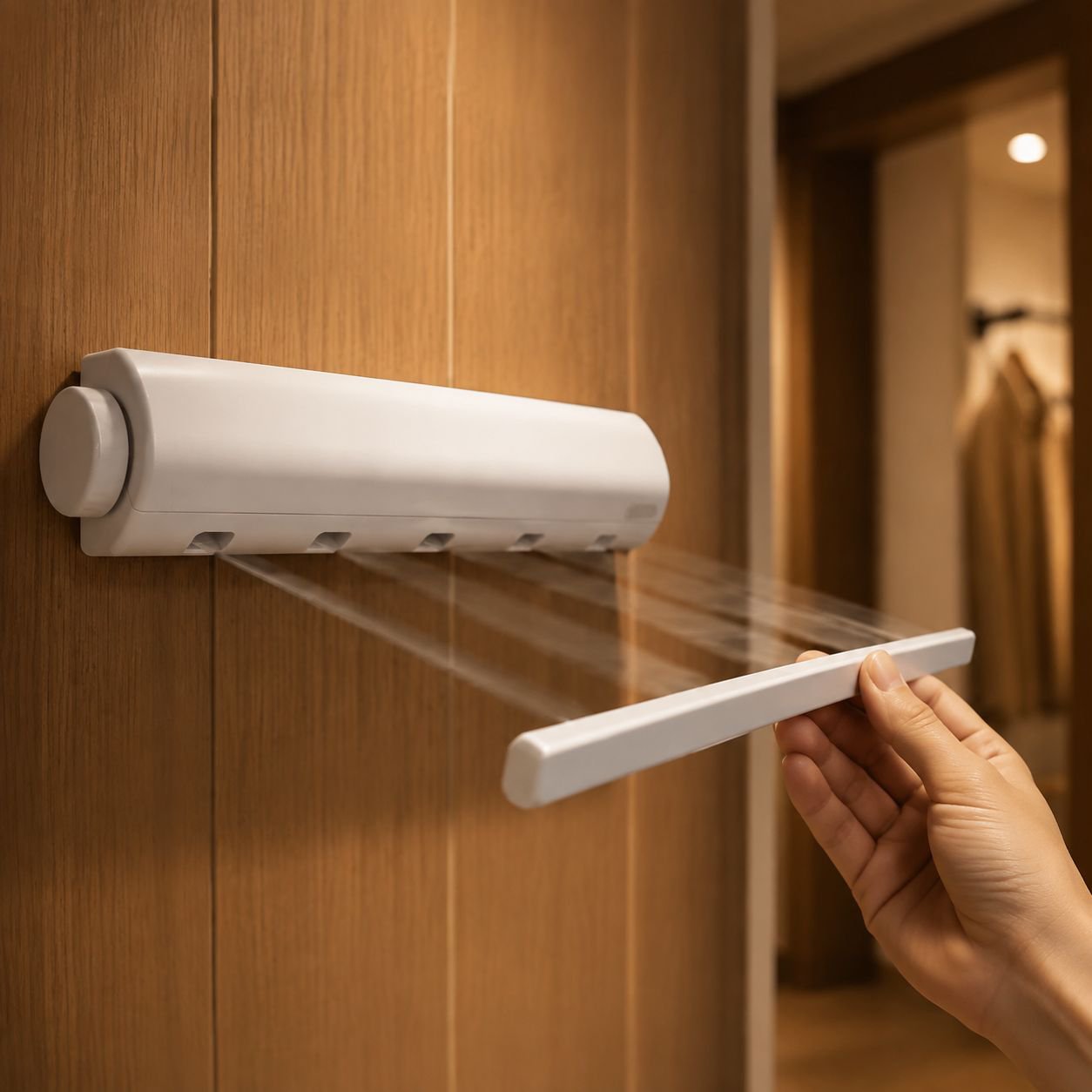 Outdoor use of retractable clothesline with hooks