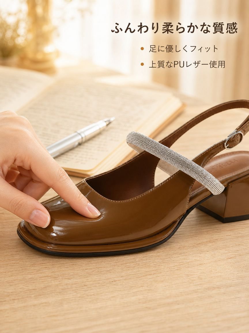 レディース ソフトレザー ハイヒール メリージェーンシューズ、春  夏向けチャンキーヒール ストラップレス トゥサンダル