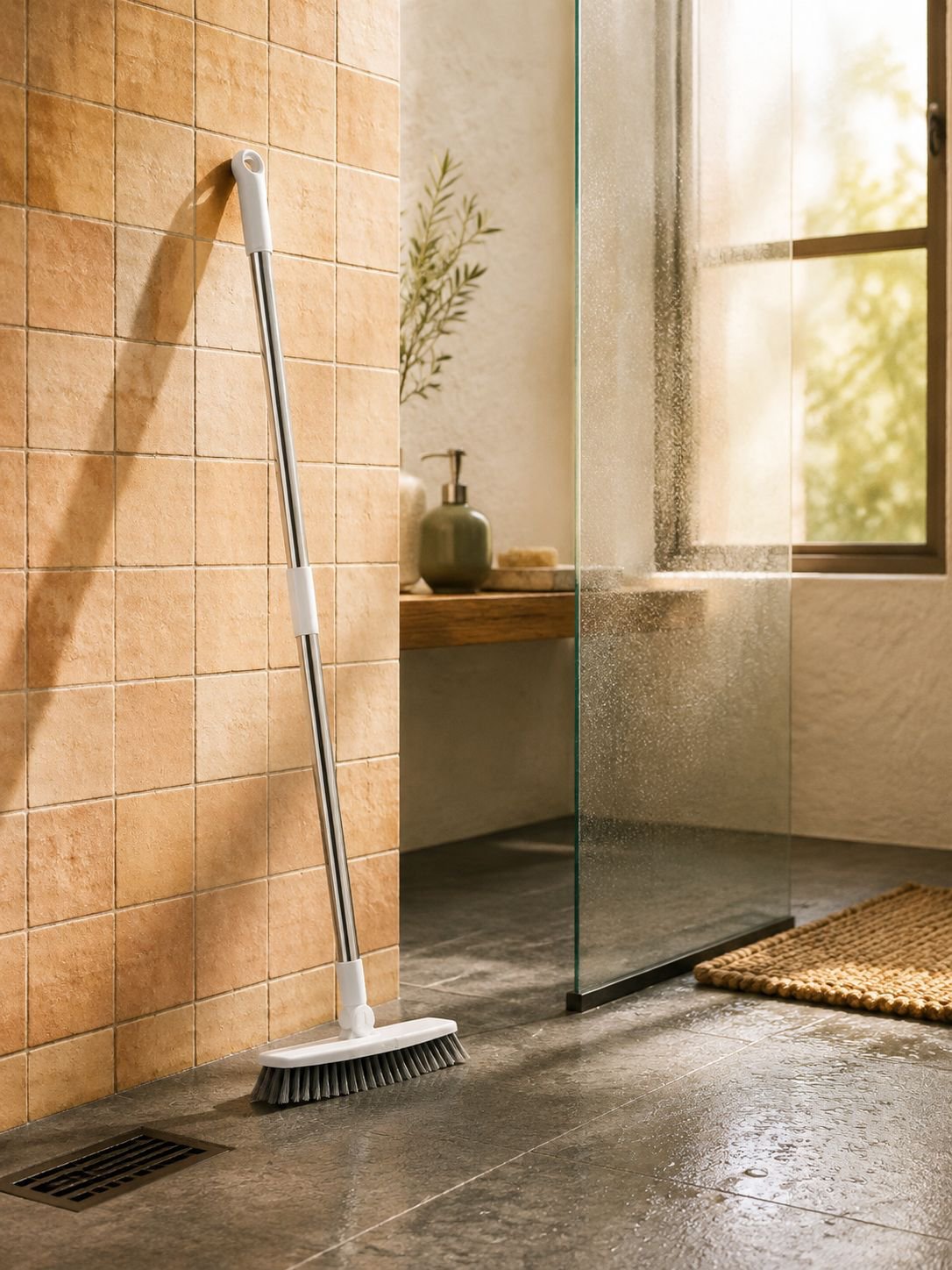 Cepillo de piso doméstico con mango largo en uso en el baño