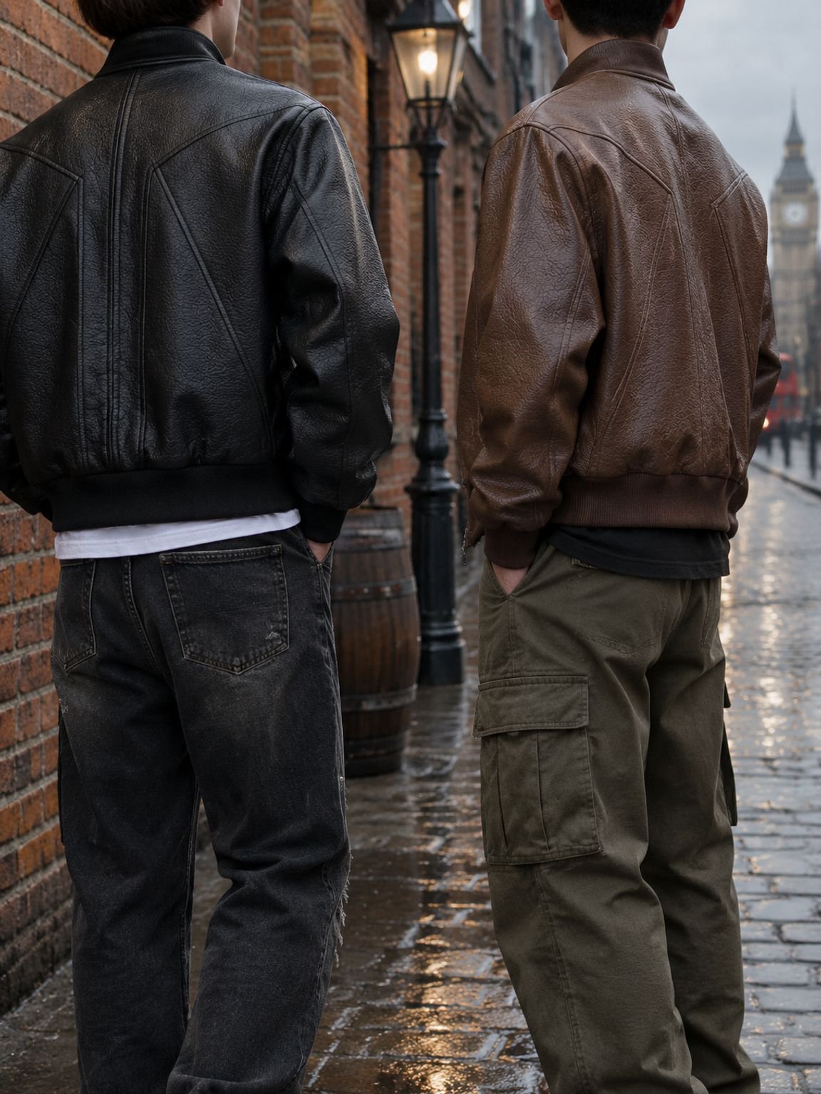 Model wearing autumn PU leather motorcycle jacket for men