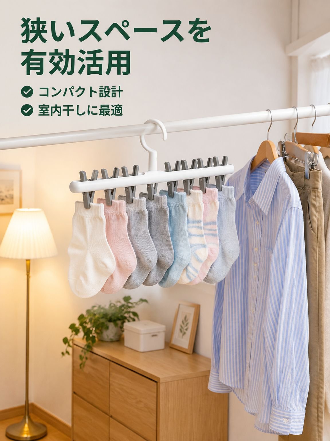 クリップ付き靴下物干しラック
