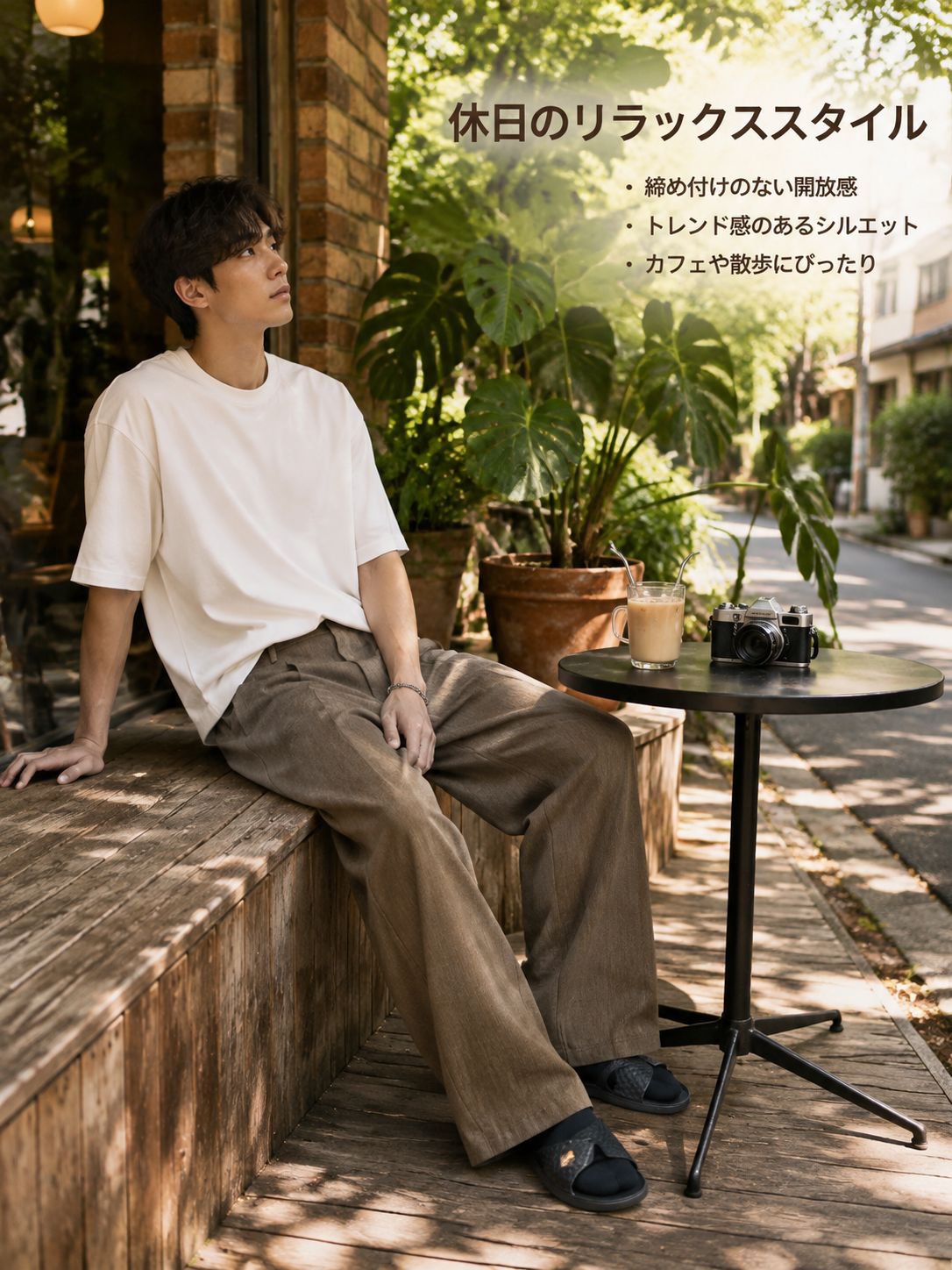 ドレープ感のあるメンズワイドレッグカジュアルパンツ。夏に最適。ゆったりとしたフィット感、ストレートレッグ、通気性、薄手、通勤にも使える万能スタイル。