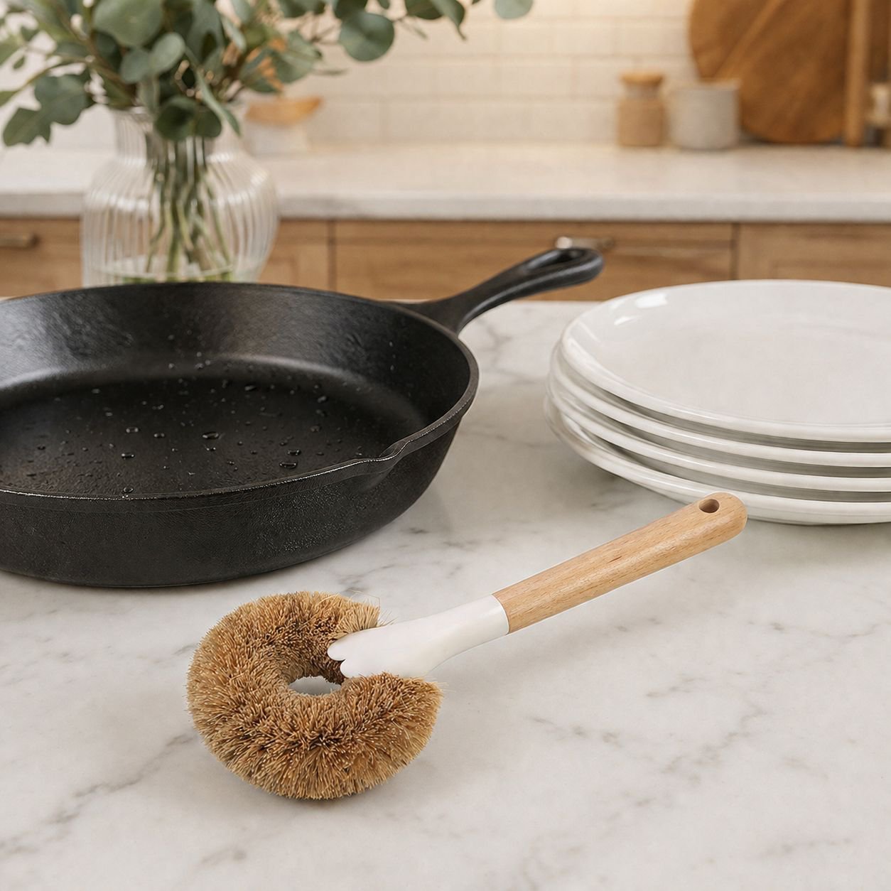 Set of coconut fiber cleaning brushes for sustainable cleaning