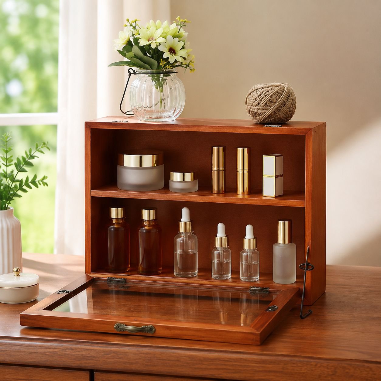 Retro wooden storage box with clear glass display for makeup