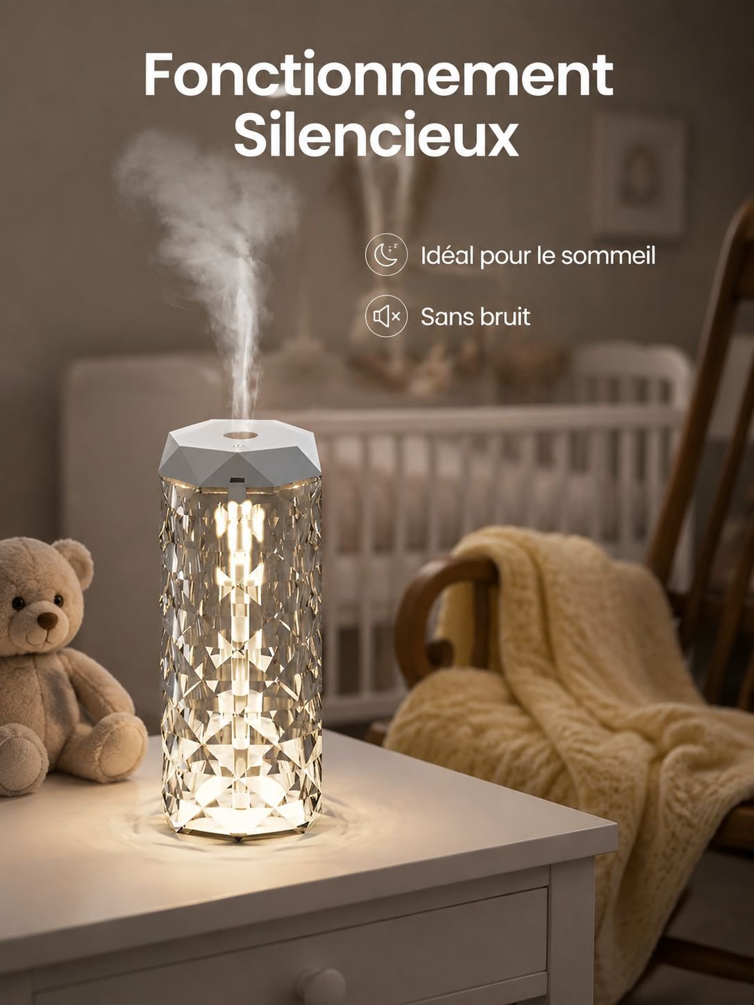 Humidificateur à lumière colorée pour chambre, bureau et bébé, silencieux, design cristal