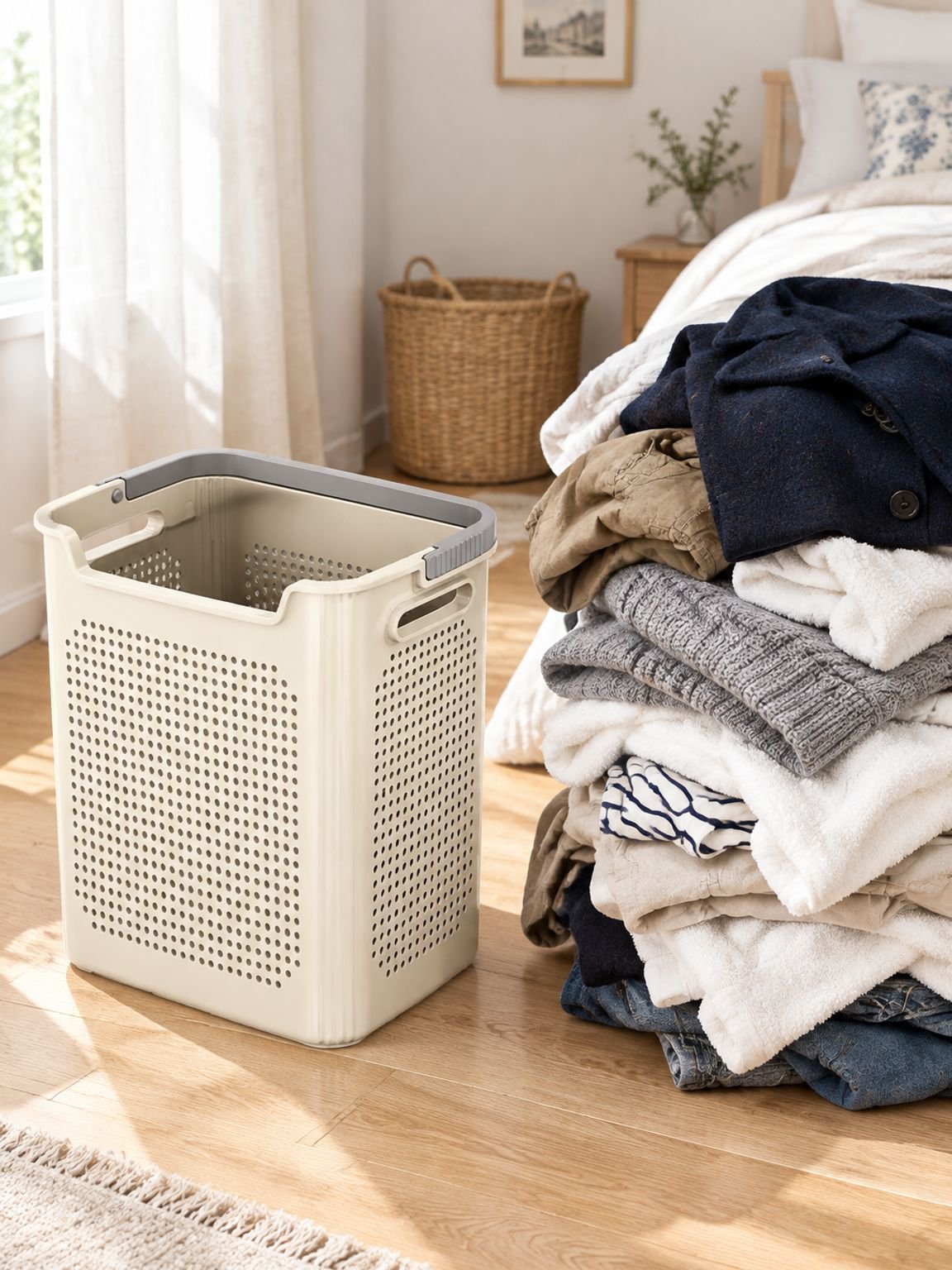Gros plan sur le design élégant de la corbeille à linge blanc crème