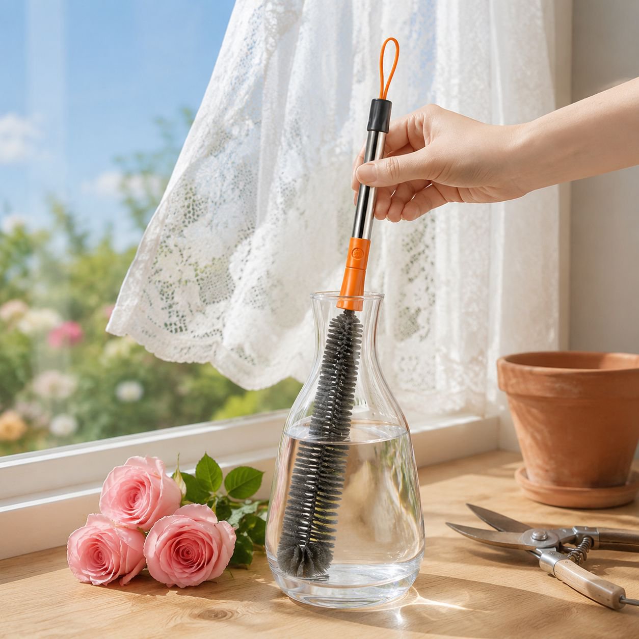 Flexible cup brush bending to clean inside a bottle