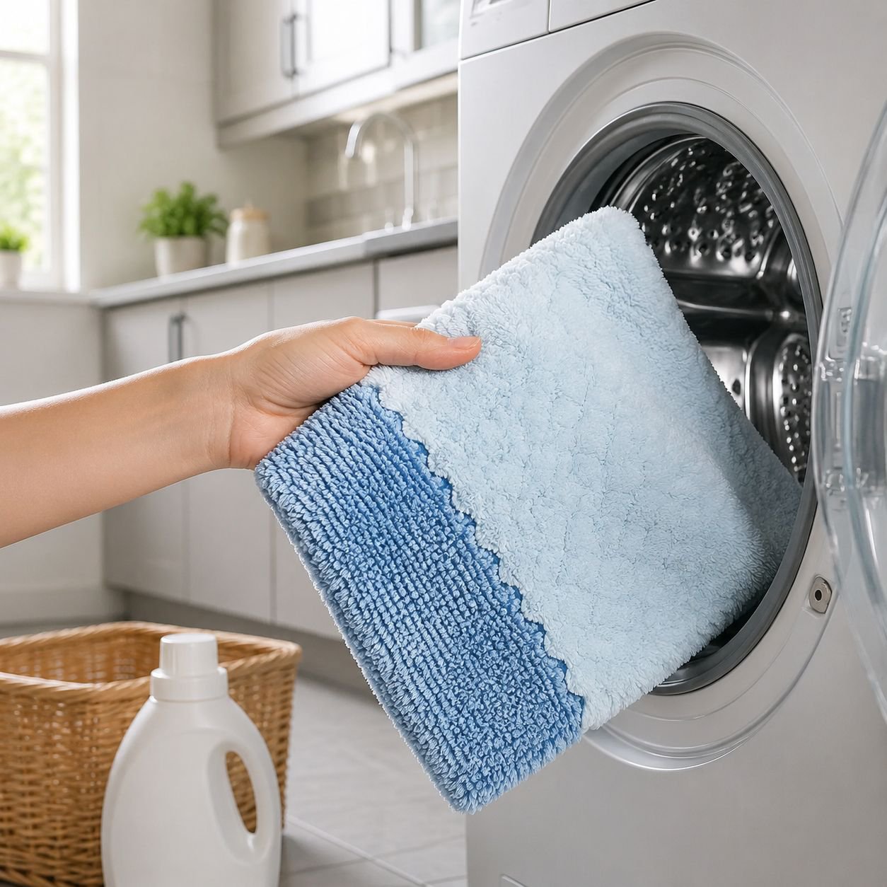 Quick-drying coral fleece dishcloth on kitchen sink