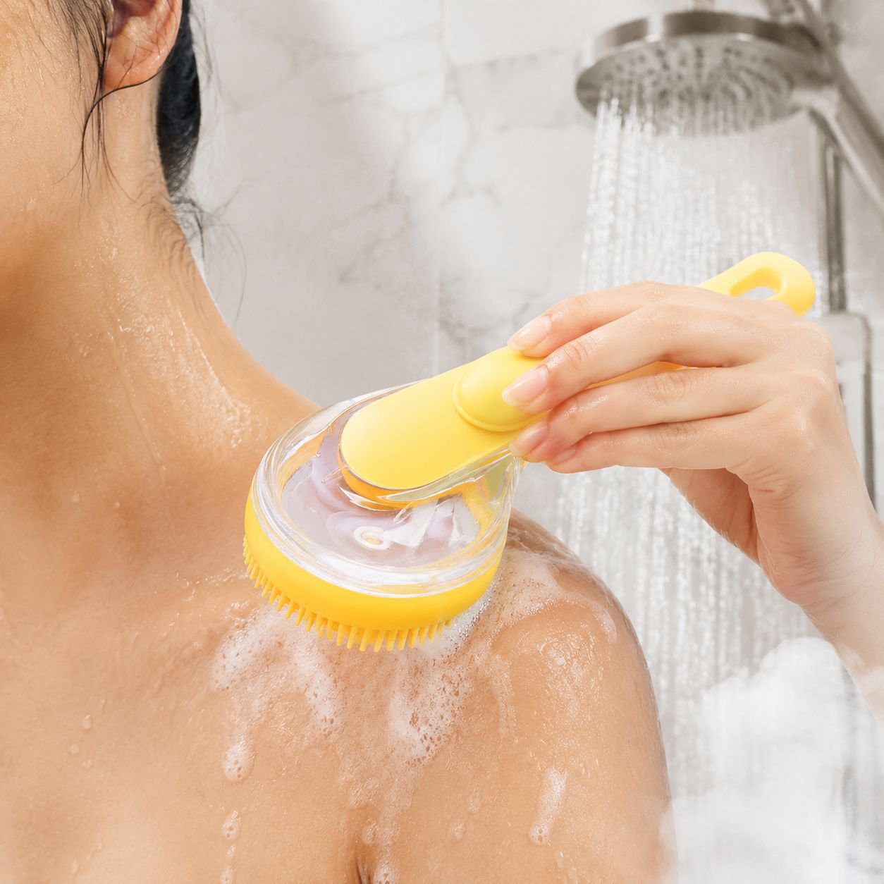 Pet long handle bath massage brush with shampoo push out function for dogs