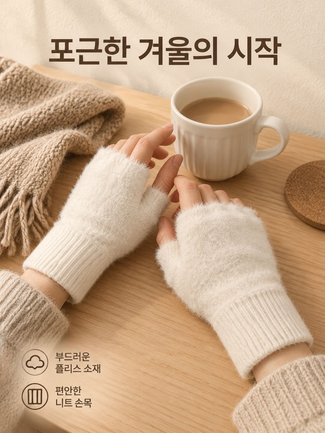 반손가락 플러시 소재의 보온 장갑