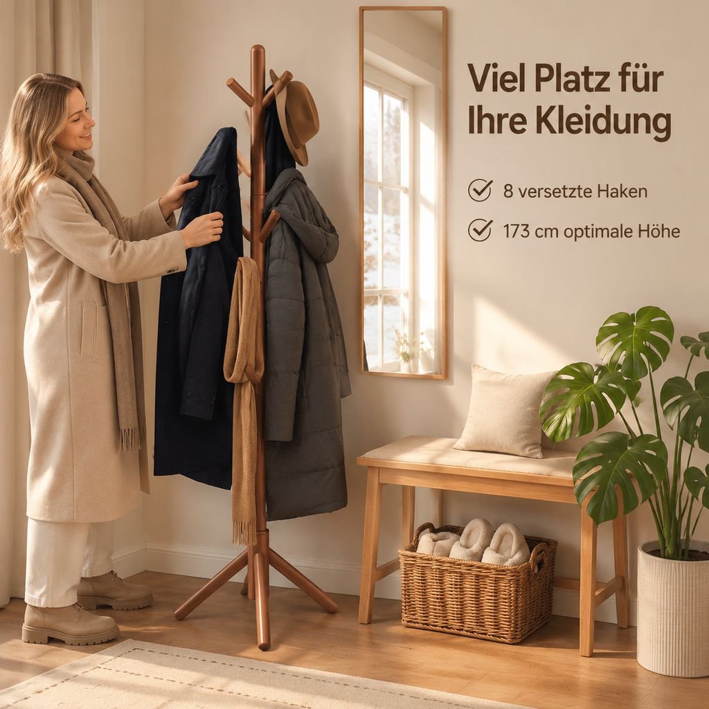 Freistehende Garderobe und Hutablage aus Massivholz