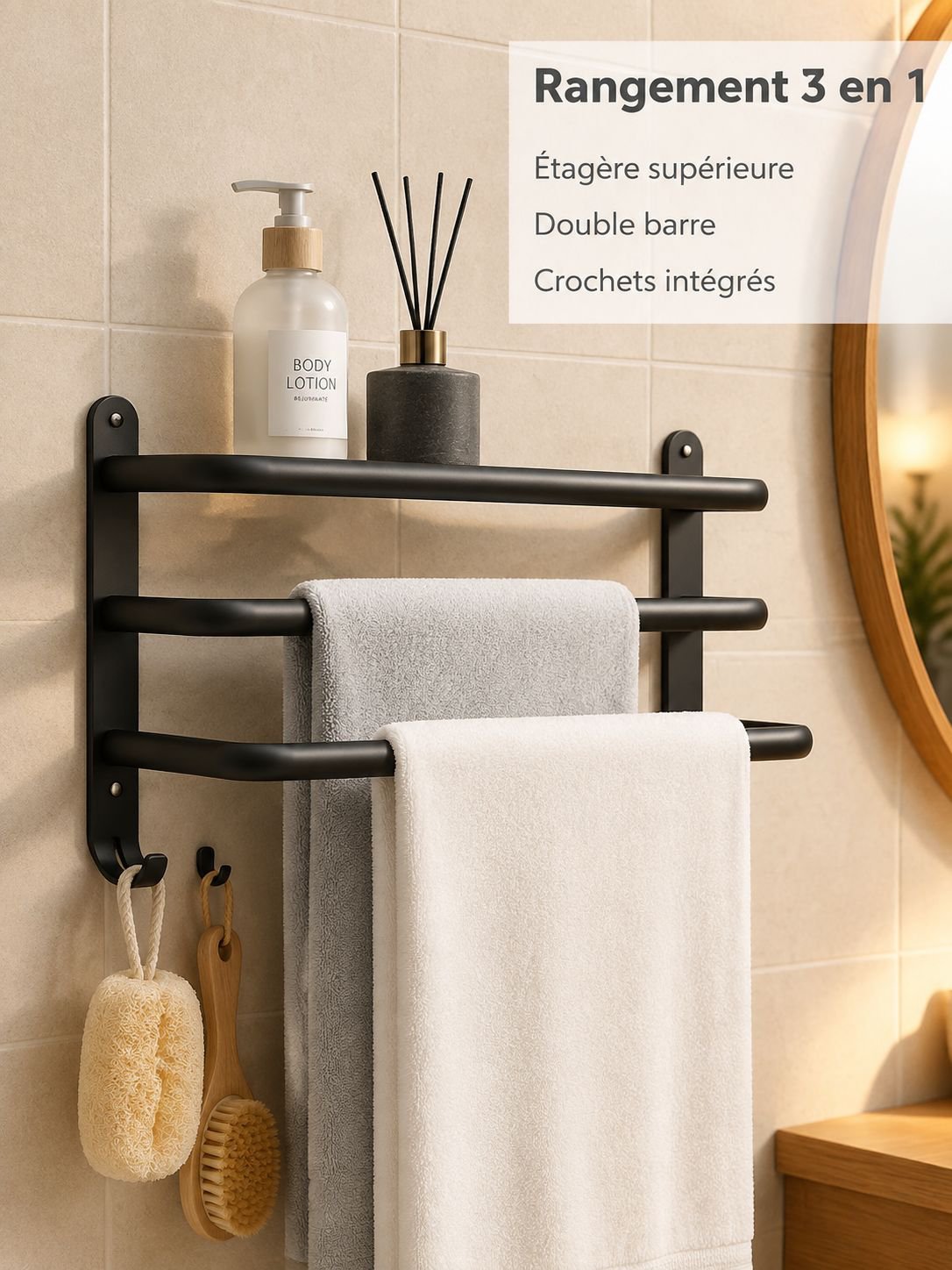 Porte-serviettes, étagère de salle de bain, sans perçage, étagère de rangement, porte-serviettes com