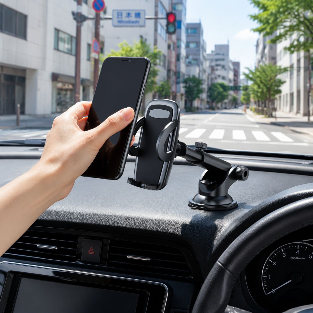 車載用スマホホルダー、伸縮式ナビゲーションホルダー、汎用カーアクセサリー、吸盤式、滑り止め付き。