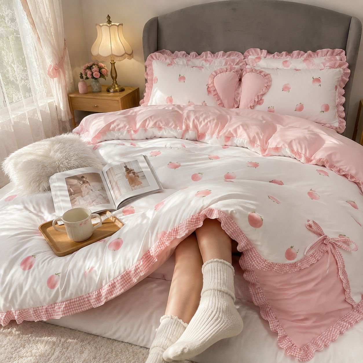 All-Season Princess Double Bed 4-Piece Set with Girly Lace Details