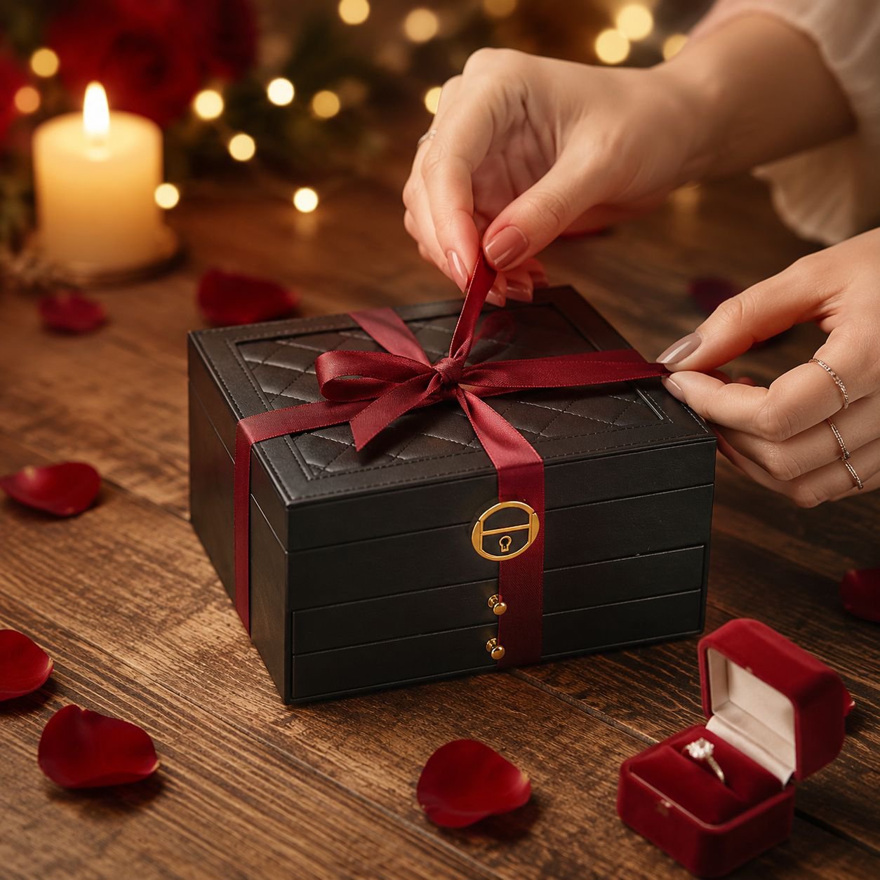Three-level jewelry box for rings, bracelets, and necklaces