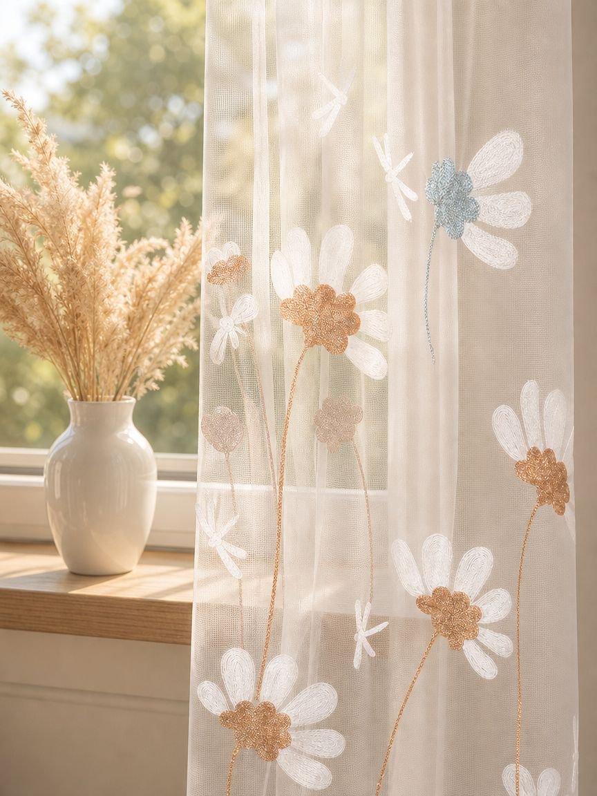Chrysanthemen bestickter Vorhang in modernem Interieur