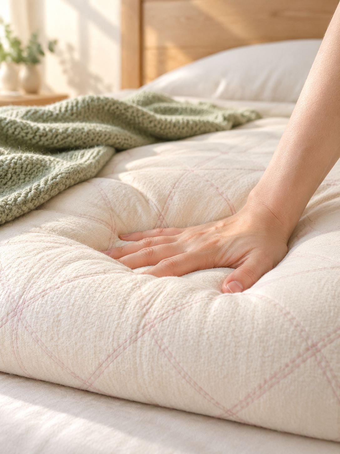 Elegant and cozy cotton quilt on queen size bed