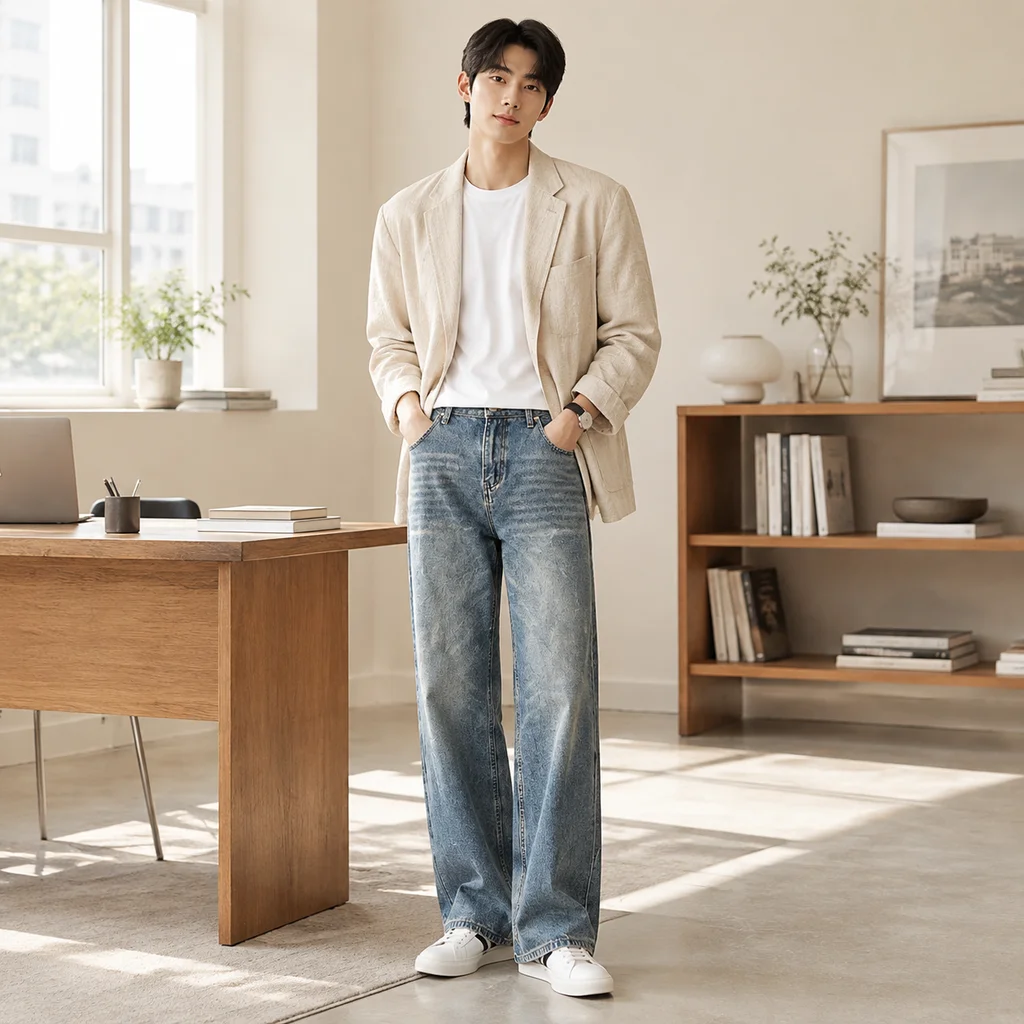 남성 신상 와이드 스트레이트 데님 팬츠