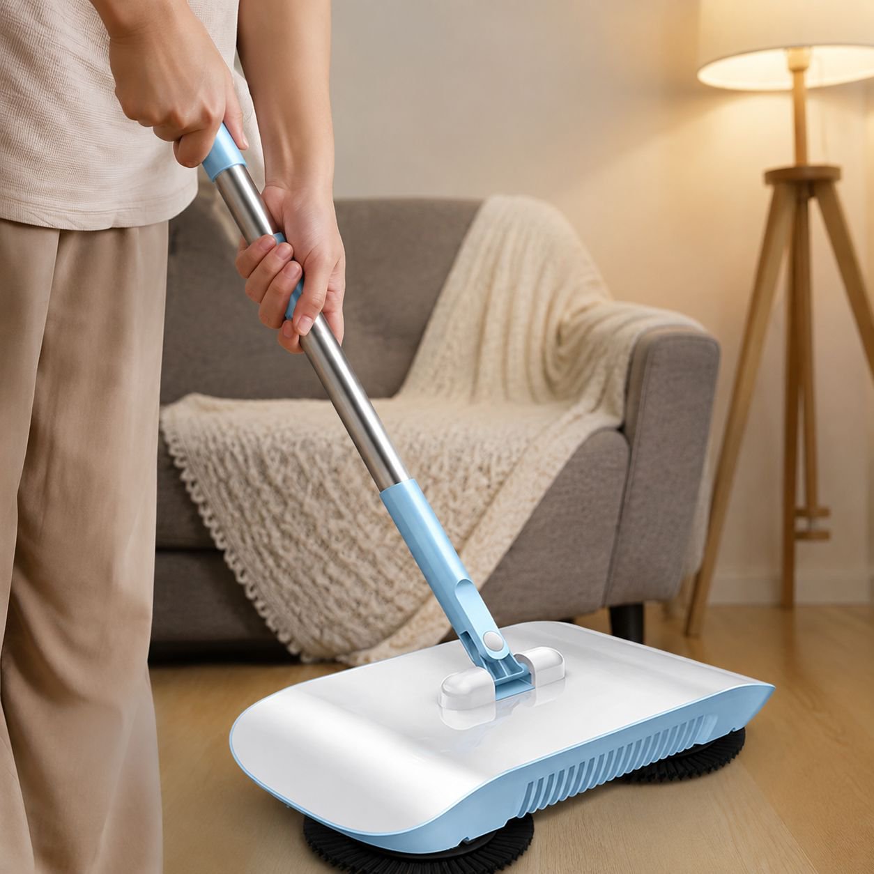 Close-up of broom and dustpan set with vacuum feature
