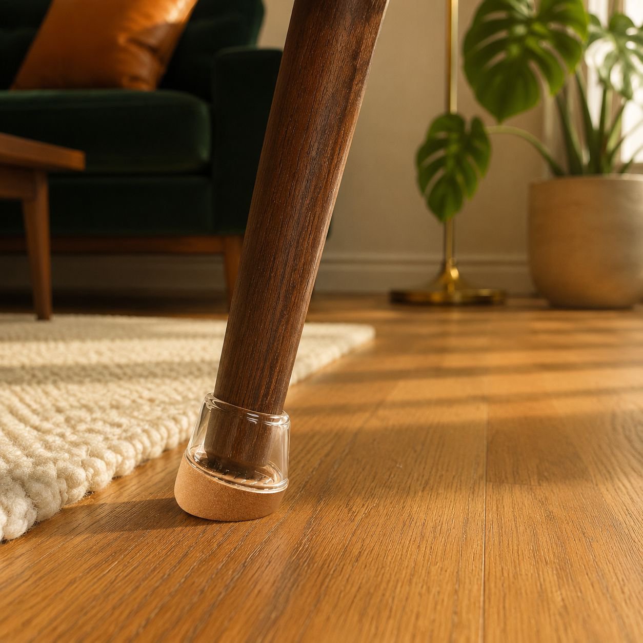 Non-slip angled chair leg silicone protectors on wooden chair