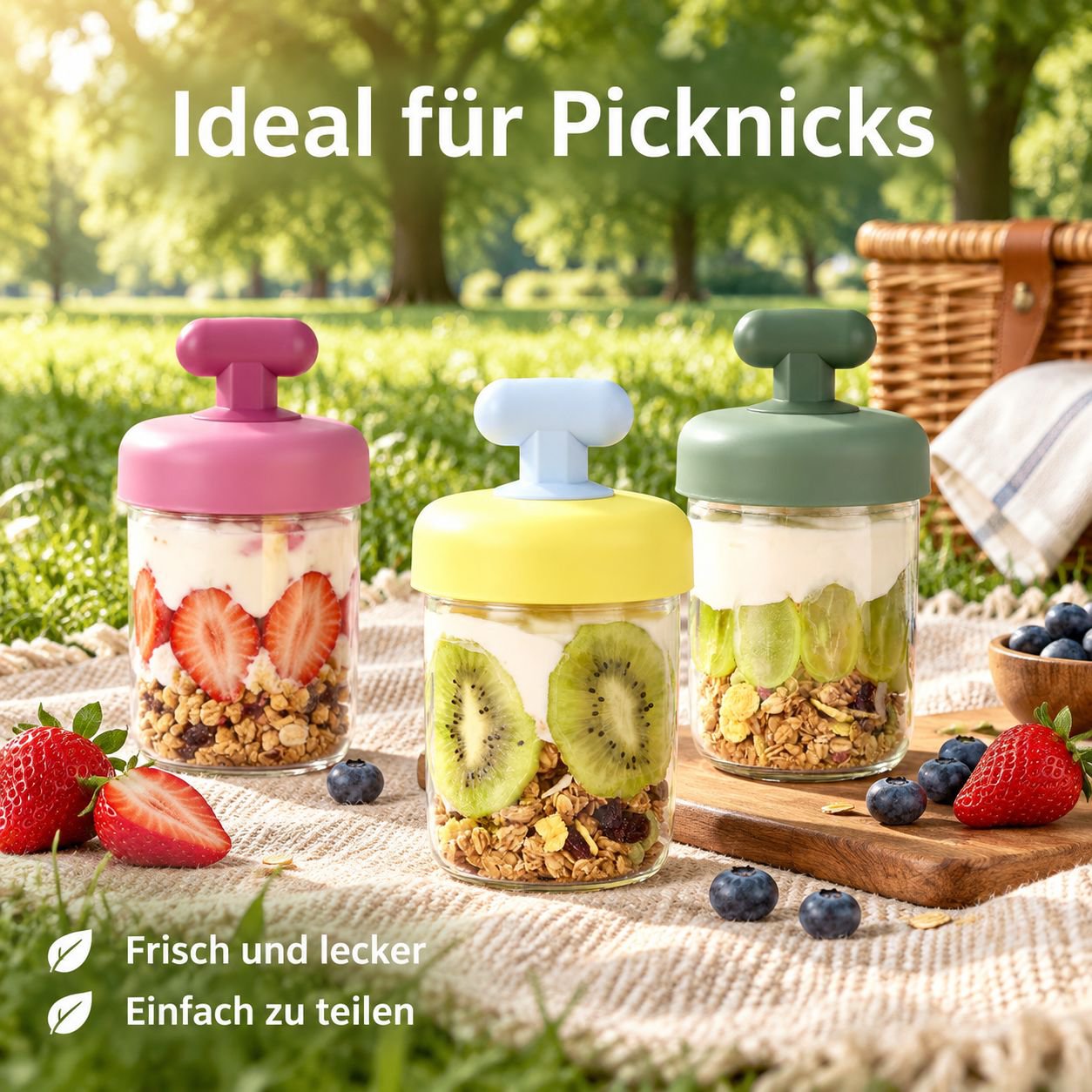 Tragbarer, auslaufsicherer Frühstücksbecher mit Deckel, Löffel und Fächern (für Joghurt/Haferbrei)
