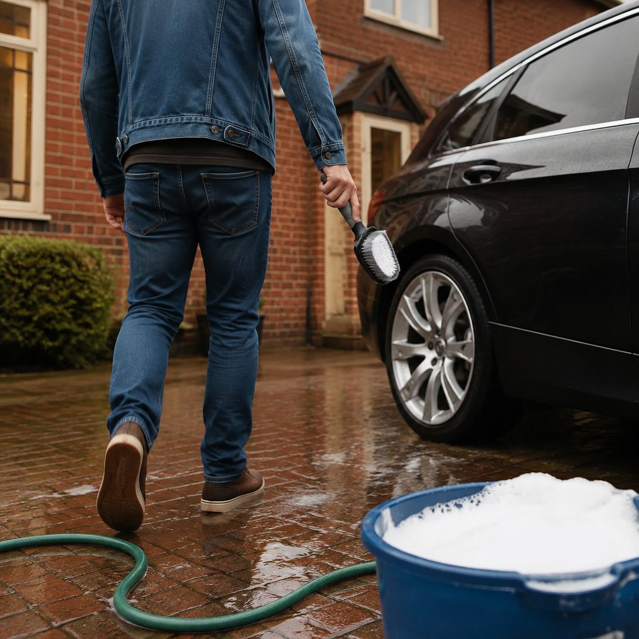 Car tire cleaning brush removing dirt