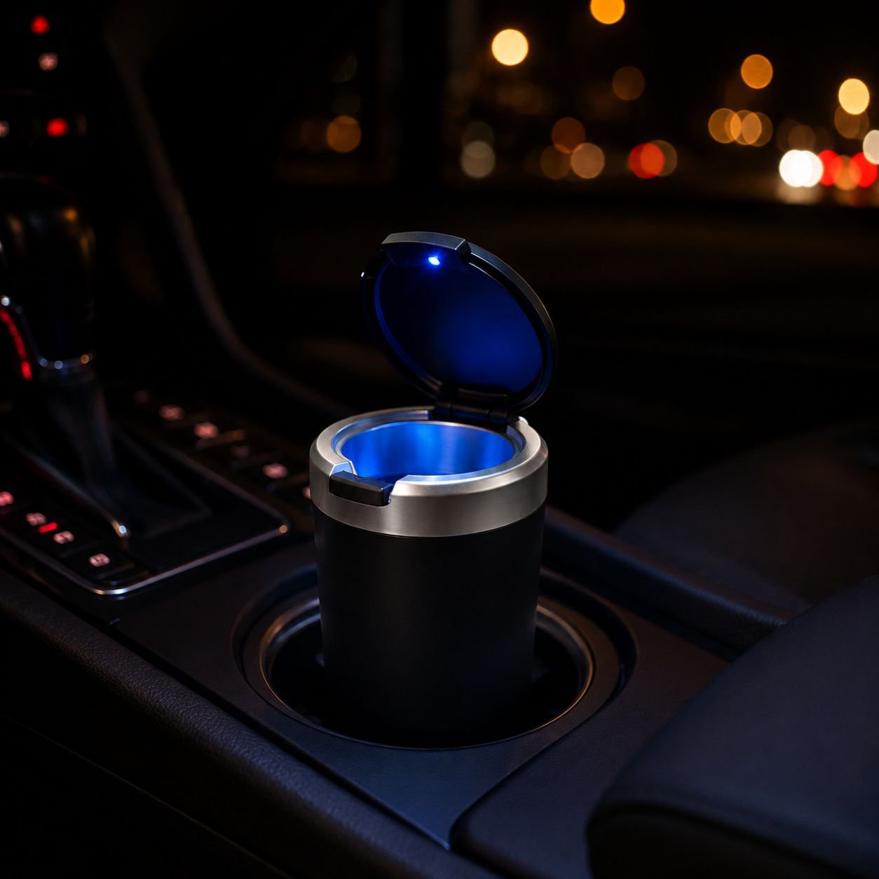 Car Ashtray with Light, Convenient One-Button Opening, Creative Personalized Car Accessory