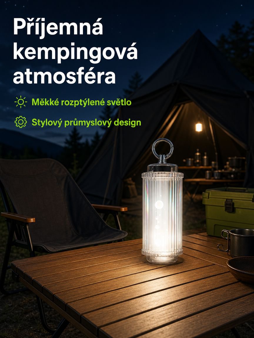 Snadno přenosná lampa do stanu na baterie