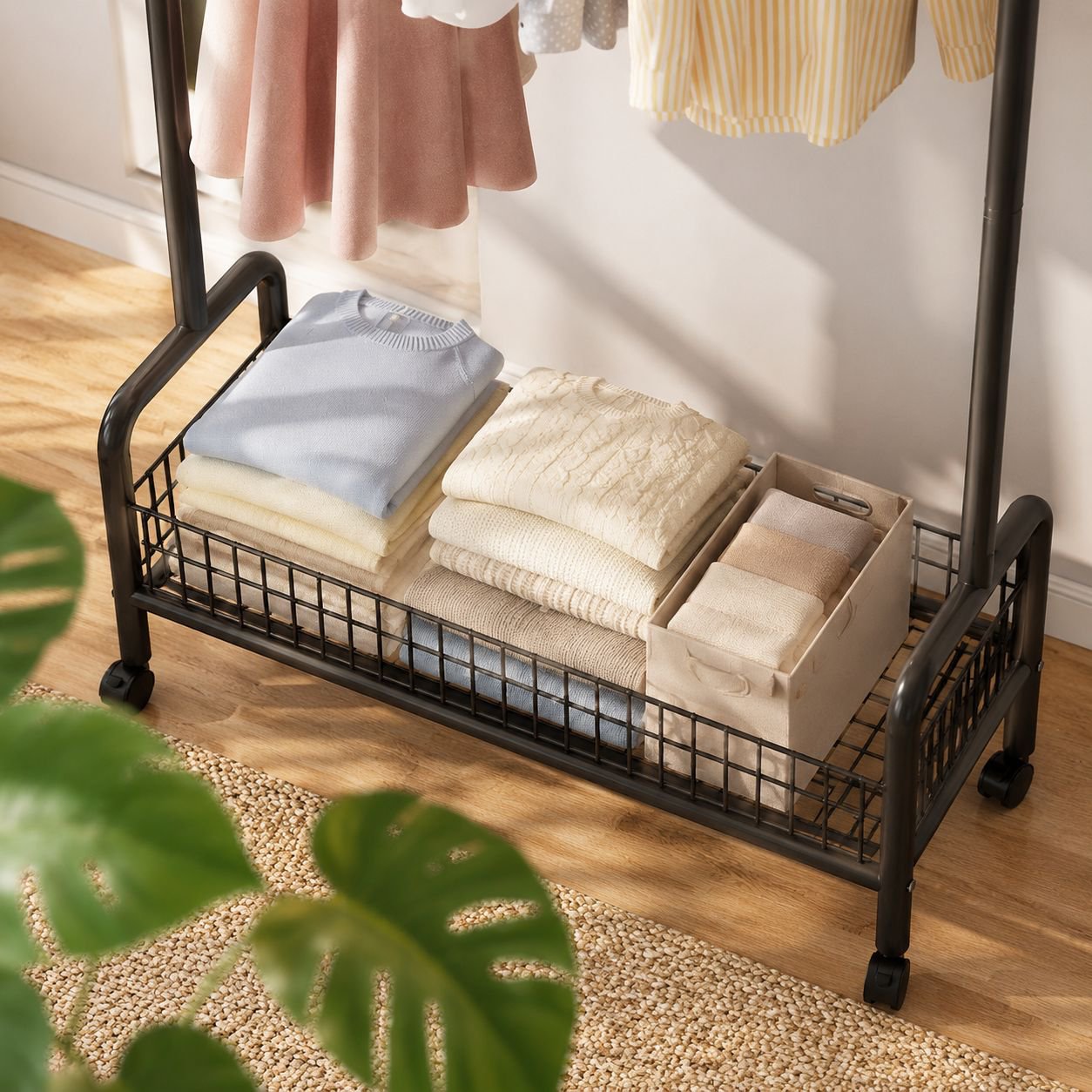 Side bed clothes rack holding coats and hats