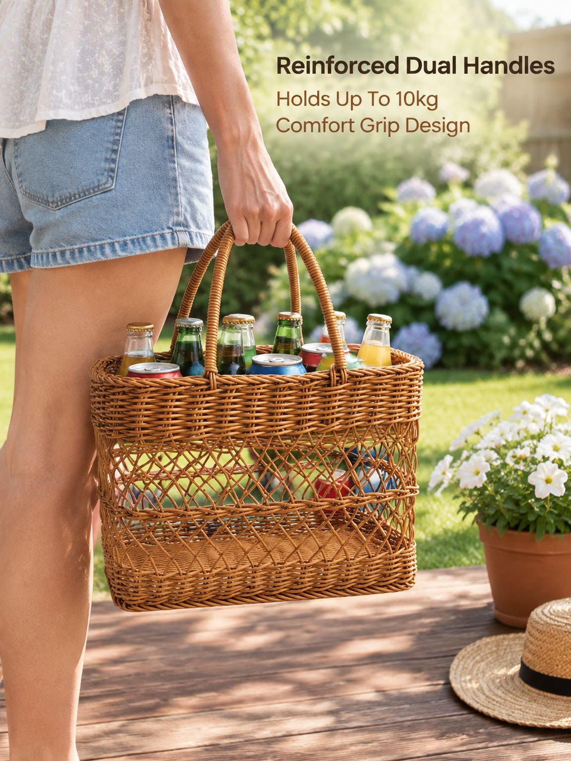 Imitation Rattan Outdoor Picnic Basket, Portable Handheld Shopping Basket