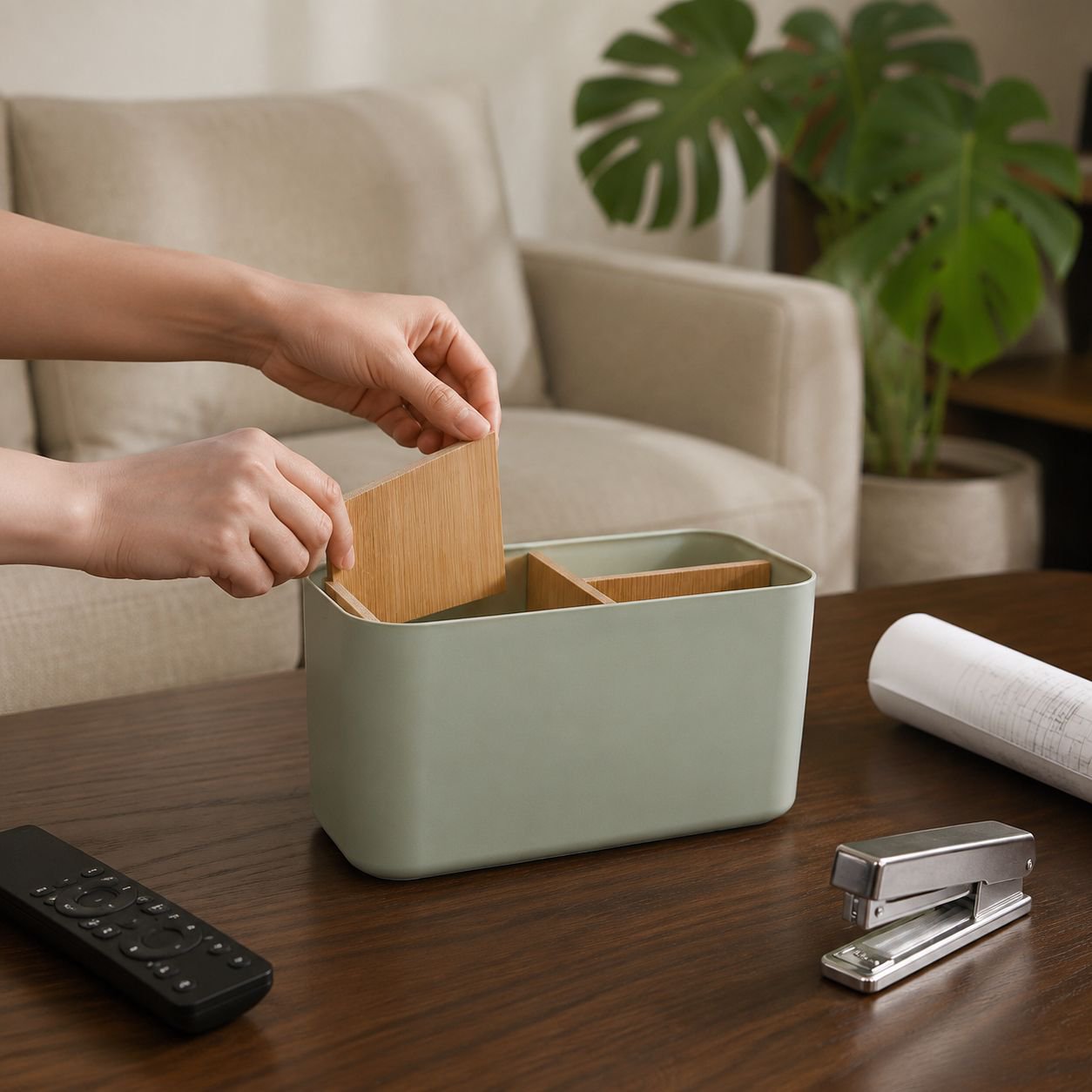 Bamboo and wood desktop multi-compartment office storage box with detachable compartments