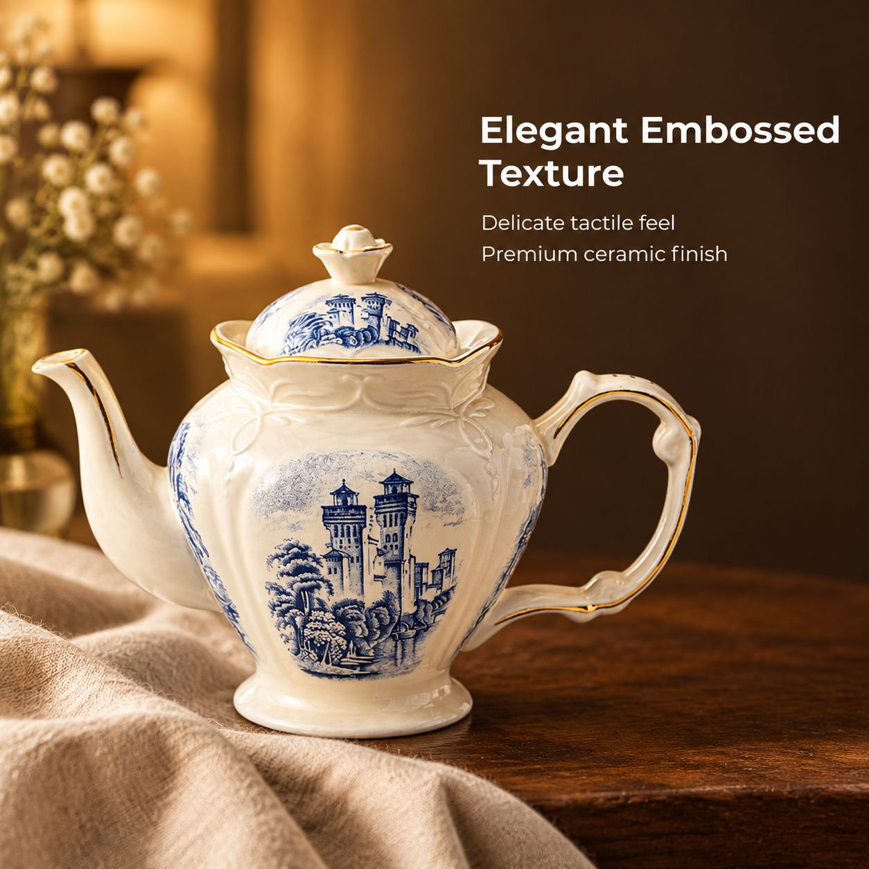 Vintage ceramic teapot with gold trim
