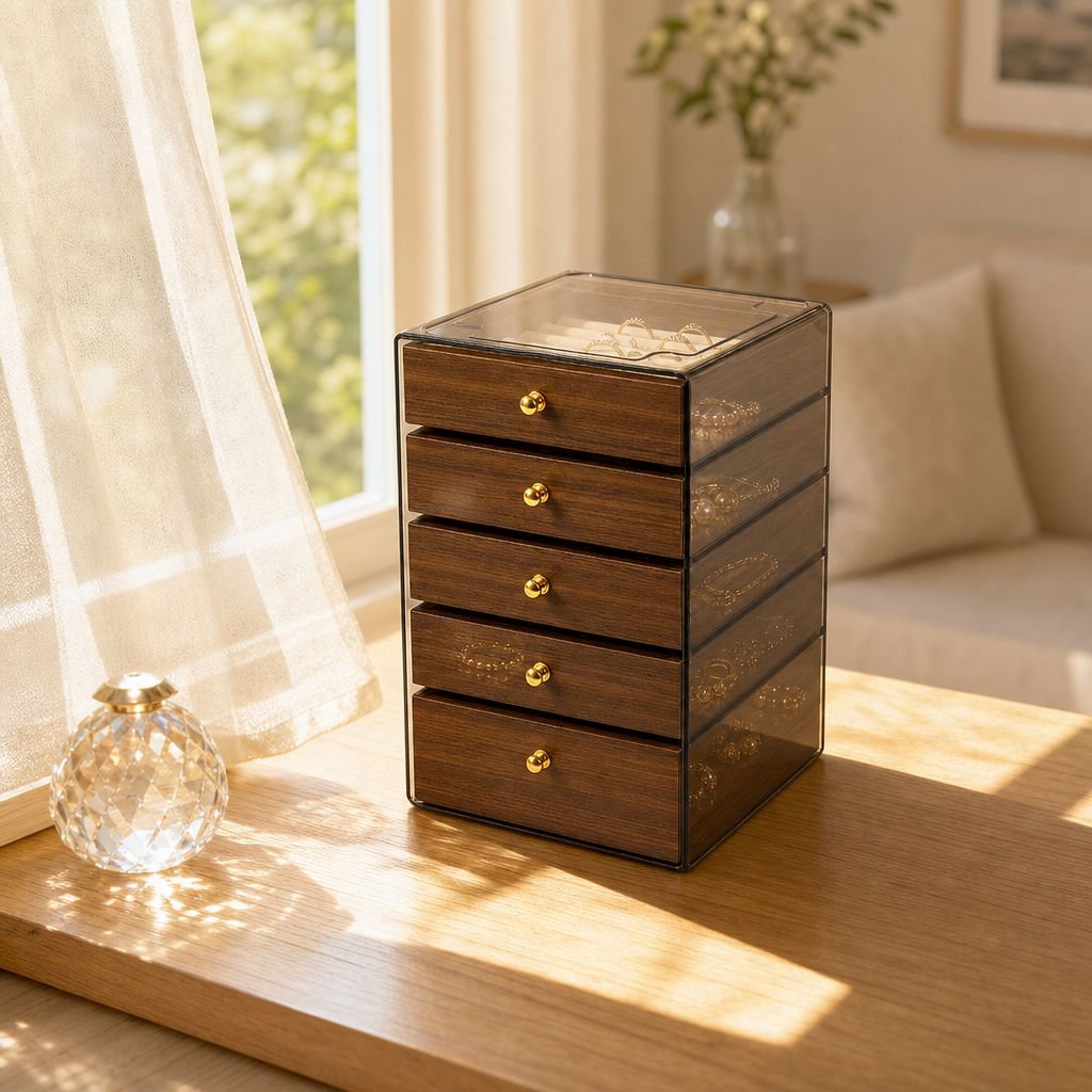 Spacious multi-layer jewelry box on dressing table