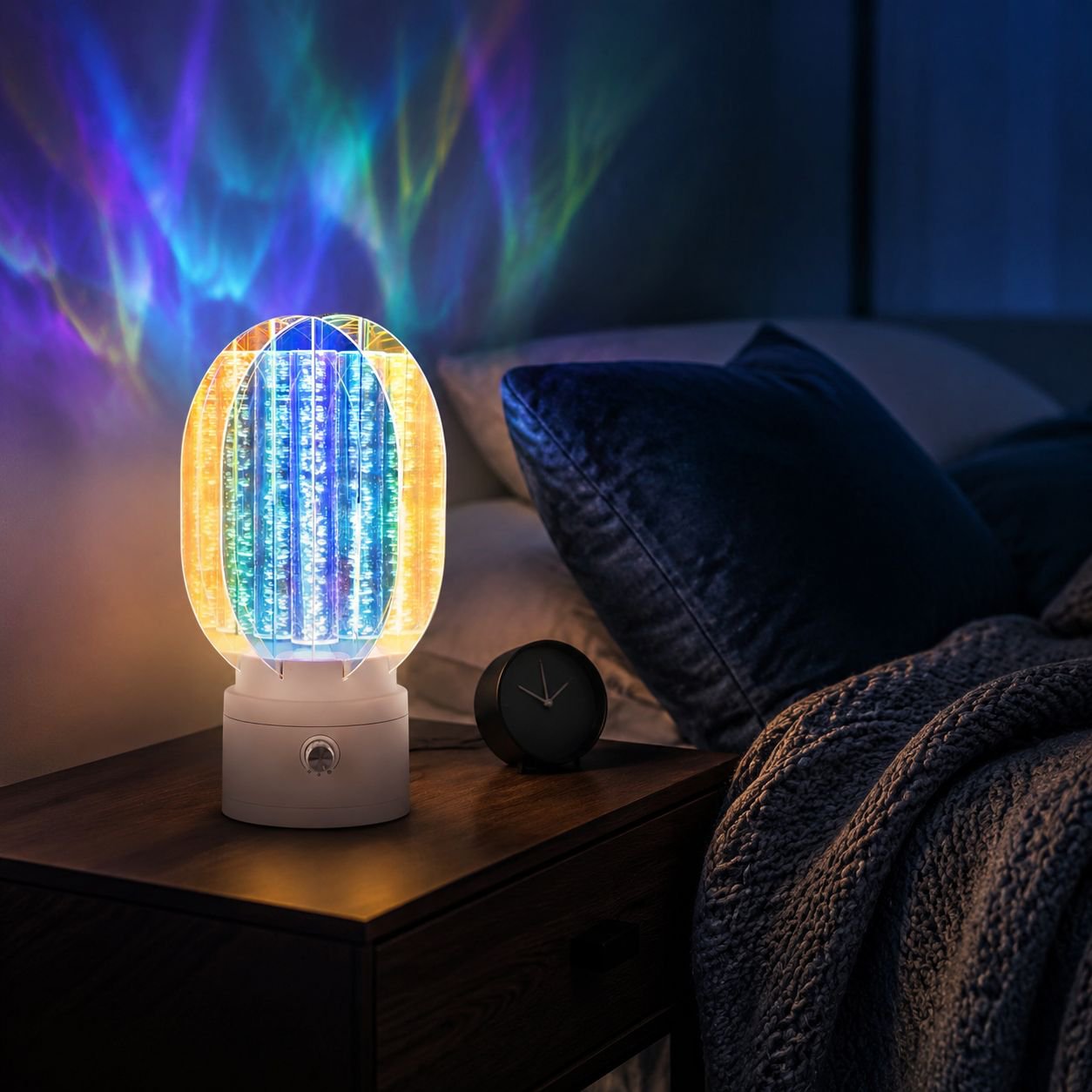 Modern bedroom with Aurora Atmosphere Lamp glowing