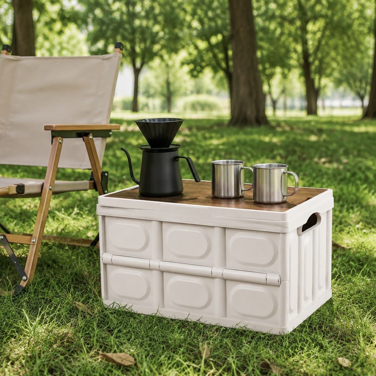 Caja de almacenamiento plegable multifuncional con tapa de madera