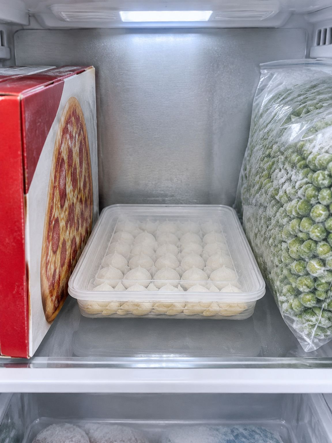 Platzsparende Lebensmittelbox für Teigtaschen im Gefrierschrank
