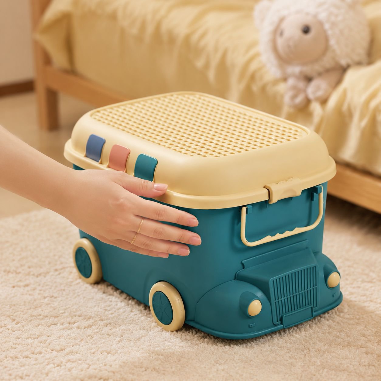 Durable handles on train toy storage organizer